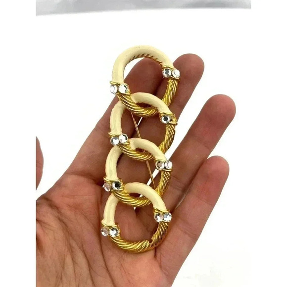 VTG Gold Tone Enamel Brooch Pin Clear Rhinestone Circle Loop Retro - Picture 5 of 8